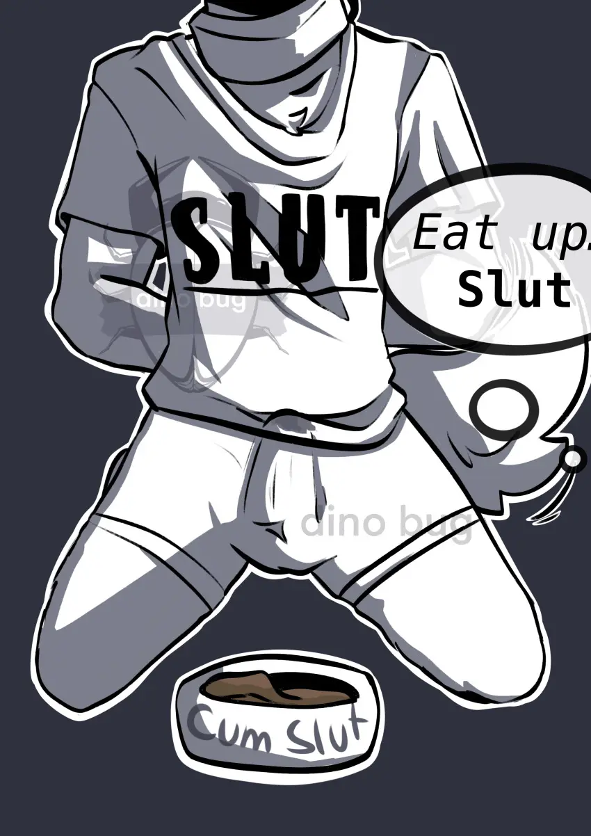 Image clothing,hi_res,solo,male,erection,male/male,anthro,absurd_res,collar,fur,degradation,chains,chained,erection_under_clothing,container,bowl,pet_bowl,dinobug