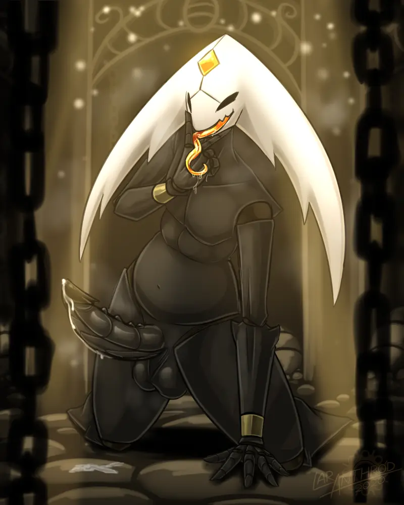 Image looking_at_viewer,open_mouth,solo,male,nude,penis,tongue_out,tongue,big_penis,kneeling,belly,digital_media_(artwork),gem,shaded,balls,saliva,presenting,big_balls,genital_fluids,bodily_fluids,genitals,inside,precum,black_skin,arthropod,black_body,black_eyes,hollow_knight,horn,team_cherry,5_fingers,fingers,chains,spikes,spikes_(anatomy),black_legs,dungeon,forehead_gem,2_horns,hand_on_ground,black_arms,orange_tongue,particles,black_belly,harrold_(latiar),latiar