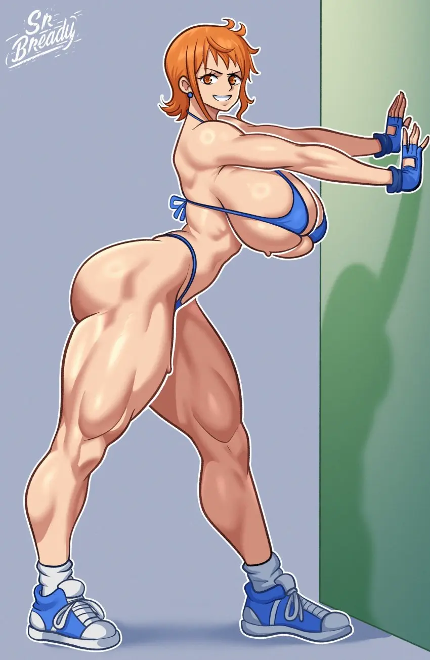 Image breasts,clothing,female,female_only,looking_at_viewer,smile,solo,gloves,bikini,ass,uncensored,one_piece,orange_eyes,athletic,muscular,nami_(one_piece),orange_hair,solo_female,tagme,blue_bikini,fingerless_gloves,athletic_female,muscular_female,shoes,dressed,smiling_at_partner,sneakers,blue_gloves,pre-timeskip,srbready,musuclar