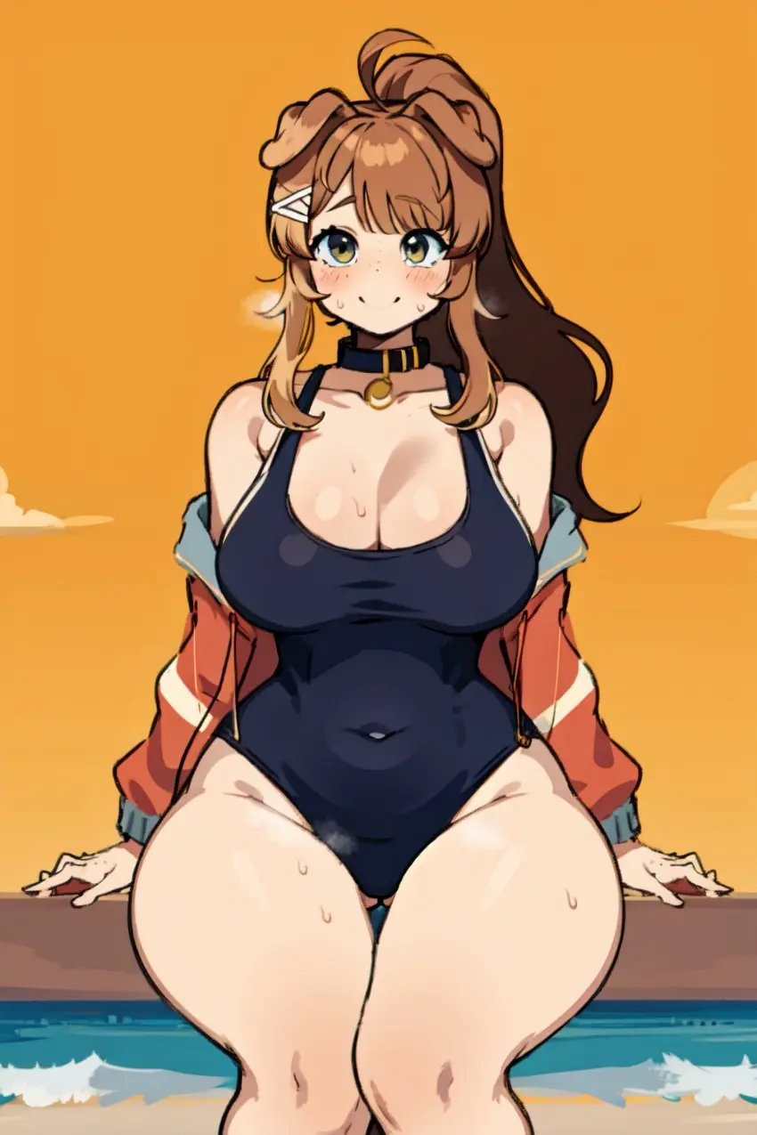 Image breasts,clothing,female,long_hair,ponytail,wide_hips,beach,virtual_youtuber,ai_generated,solo_female,hair,huge_breasts,vtuber,sitting,swimsuit,dog_ears,dog_girl,dressed,vtuberfanart,brown,latam_virtual_youtuber,ricochetk,lilybell_vt,oneeshi