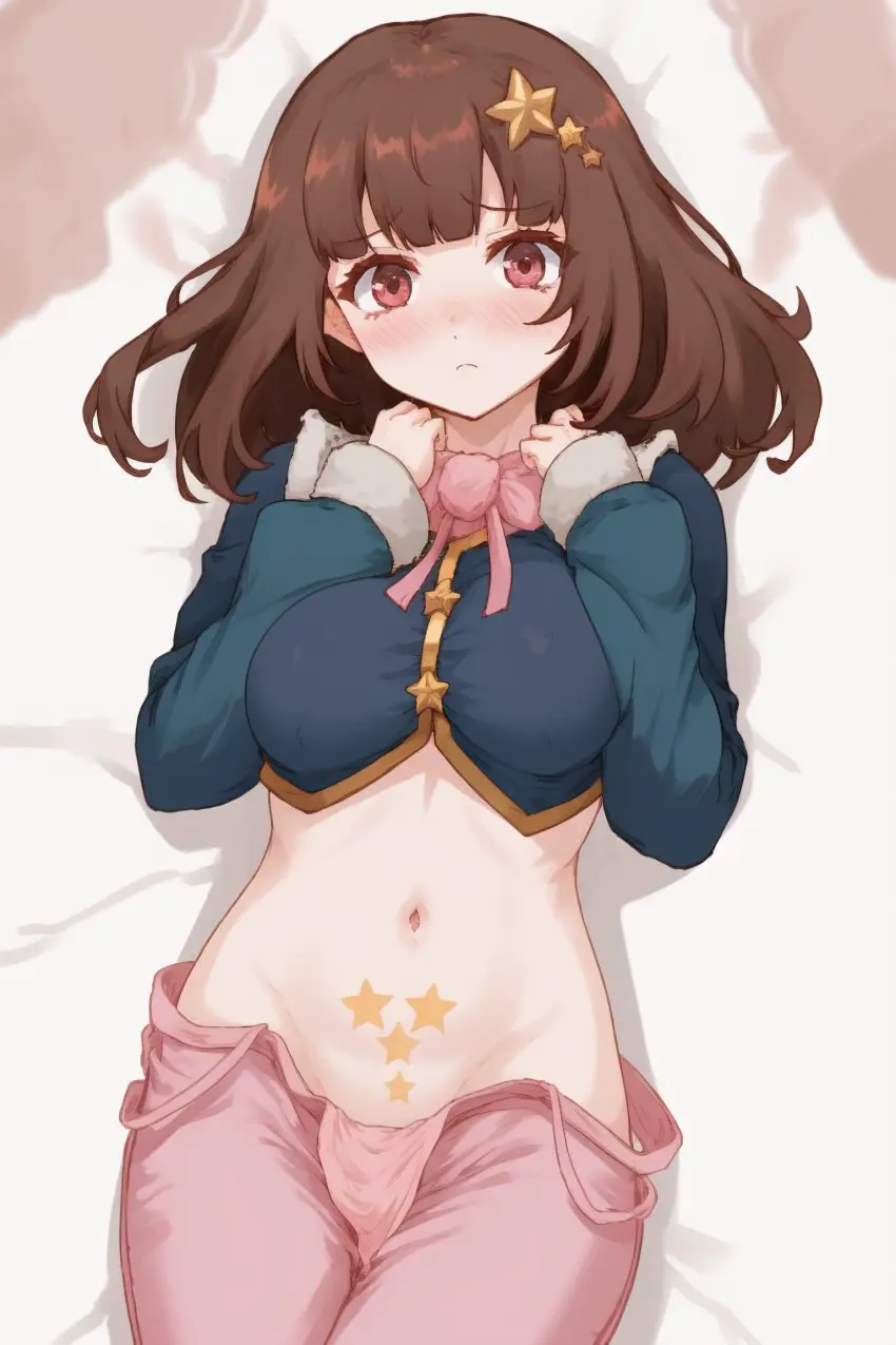 Image breasts,clothing,female,nude,short_hair,wide_hips,virtual_youtuber,ai_generated,huge_breasts,vtuber,school_uniform,brown_hair,on_bed,dressed,ricochetk,starvtuber