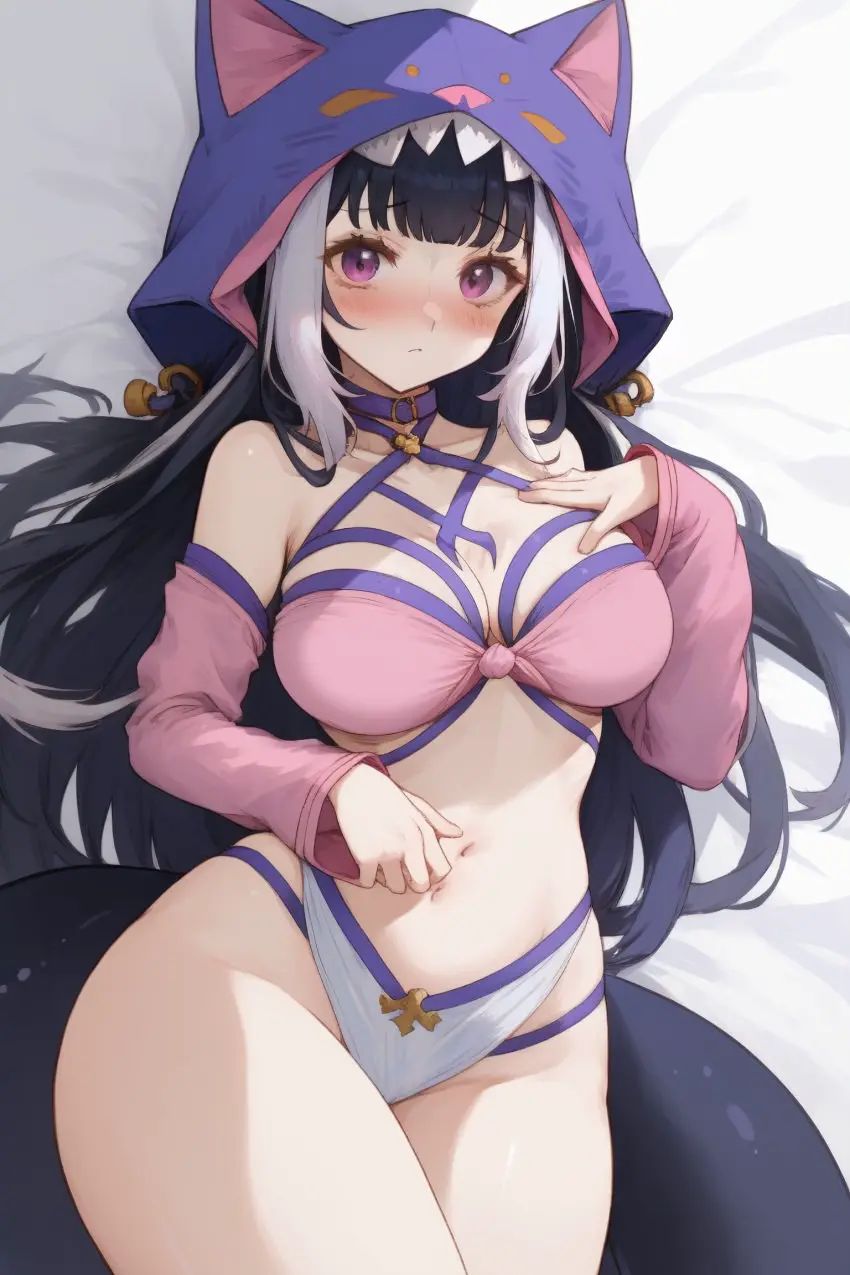 Image breasts,female,long_hair,blue_hair,nude,tail,wide_hips,virtual_youtuber,ai_generated,huge_breasts,vtuber,on_bed,hood,indie_virtual_youtuber,ricochetk,cetacean_tail,orca_girl,shylily