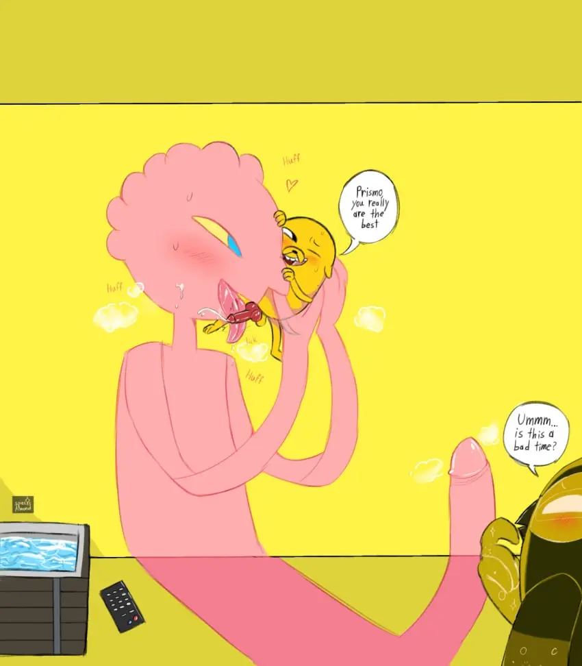 Image blush,hi_res,simple_background,blue_eyes,licking,male,oral,penis,sweat,tongue_out,tongue,big_penis,sex,duo,erection,male/male,digital_media_(artwork),yellow_background,anthro,text,bodily_fluids,canid,canine,canis,domestic_dog,fur,genitals,mammal,dialogue,yellow_body,yellow_fur,english_text,avian,bird,owl,breath,penile,animal_genitalia,animal_penis,canine_genitalia,canine_penis,pink_body,penis_lick,adventure_time,cartoon_network,controller,remote_control,mastiff,molosser,jake_the_dog,prismo_(adventure_time),hot_tub,bulldog,cosmic_owl,spec_almond_(artist)