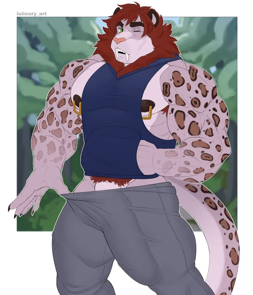 Image 2023,hi_res,nipples,solo,male,penis,muscular,muscular_male,male_only,teeth,anthro,piercing,absurd_res,bulge,penis_outline,genitals,mammal,muscular_anthro,pecs,fangs,nipple_piercing,abs,anthro_only,genital_outline,felid,pubes,detailed_bulge,pantherine,nipple_ring,snow_leopard,sabertooth_(anatomy),ring_piercing,penis_base,sweatpants,sleeveless_hoodie,luiixury_art,darius_(snowdarius)
