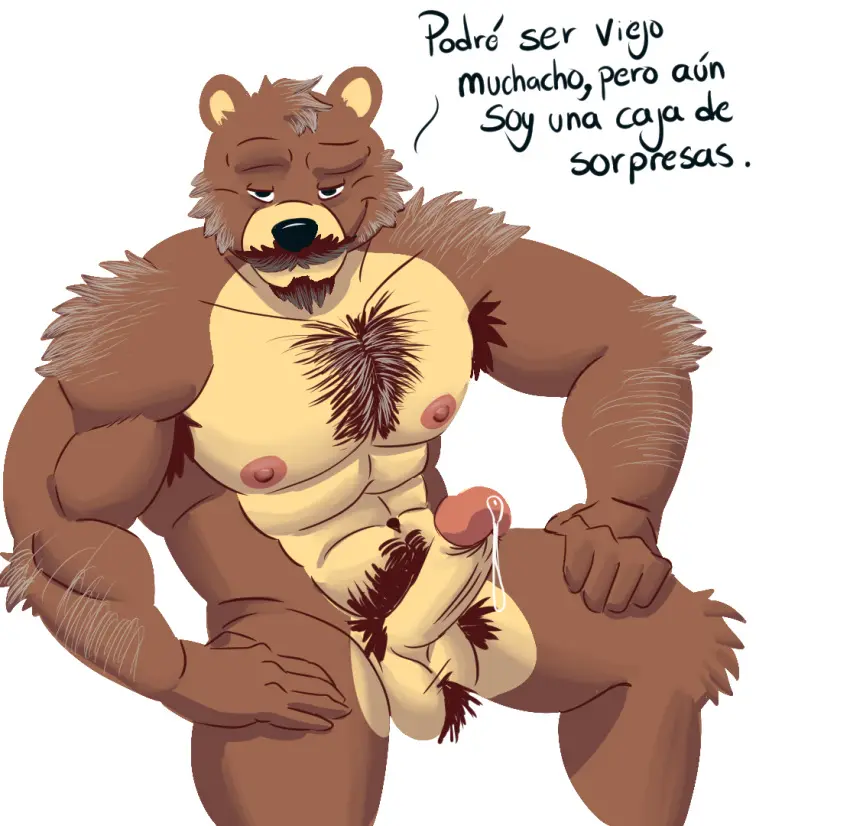 Image grey_hair,looking_at_viewer,nipples,simple_background,solo,white_background,male,navel,penis,erection,humanoid_penis,muscular,male_only,eyebrows,balls,hair,anthro,text,spread_legs,spreading,sitting,hand_on_hip,genital_fluids,bodily_fluids,fur,genitals,mammal,multicolored_body,multicolored_fur,precum,two_tone_body,two_tone_fur,biceps,pecs,precum_drip,2024,translation_request,abs,bear,dripping,humanoid_genitalia,spanish_text,tuft,pubes,facial_hair,hairy,arm_hair,body_hair,armpit_hair,masculine_male,mature_male,moustache,raised_eyebrow,chest_hair,leg_tuft,forearms,hairy_balls,triceps,goatee,knee_tuft,shoulder_hair,garrapata2000,forearm_hair