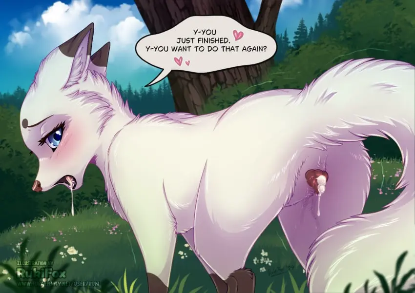 Image female,open_mouth,solo,cum,pussy,looking_back,text,after_sex,genital_fluids,bodily_fluids,canid,canine,fur,genitals,mammal,rear_view,english_text,white_body,outside,speech_bubble,animal_genitalia,canine_genitalia,fox,white_fur,feral,animal_pussy,vaginal_fluids,canine_pussy,dipstick_ears,multicolored_ears,cum_drool,cum_on_pussy,ear_markings,crytrauv,rukifox