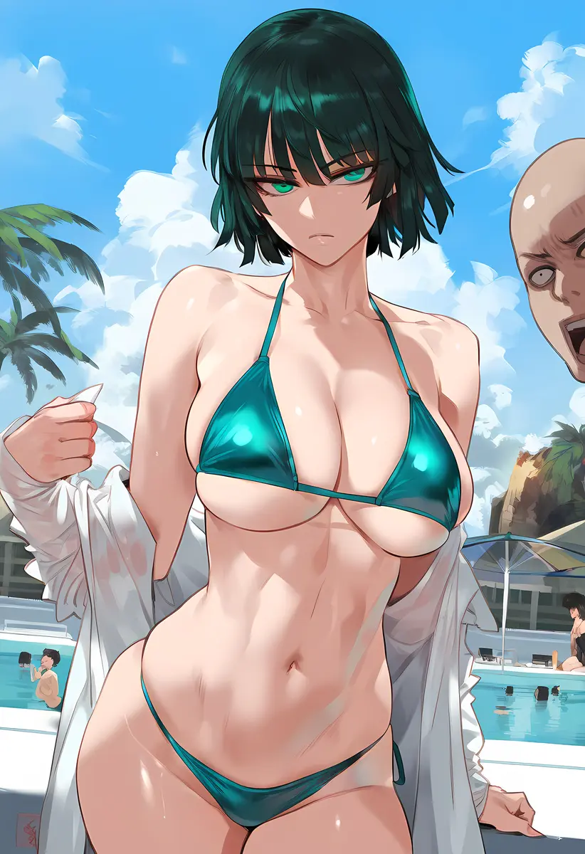 Image 1girls,big_breasts,blush,breasts,female,hi_res,large_breasts,light-skinned_female,light_skin,looking_at_viewer,1boy,male,short_hair,bikini,ai_generated,bare_shoulders,bare_thighs,color,male/female,tagme,green_eyes,green_hair,bikini_top,bikini_bottom,one-punch_man,bare_legs,fubuki_(one-punch_man),bare_arms,thiccwithaq_(ai_style),waffle_chan