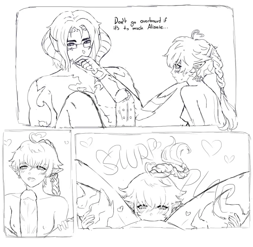 Image breasts,female,white_hair,oral,fellatio,glasses,black_and_white,heart,sketch,meme,imminent_oral,alisaie_leveilleur,ranier_almasy,multiple_panels