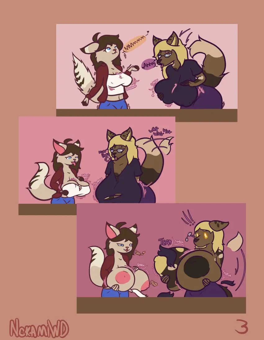 Image big_breasts,breasts,clothing,female,hi_res,simple_background,male,ass,big_butt,thick_thighs,duo,wide_hips,huge_breasts,anthro,hyper_breasts,absurd_res,shocked,comic,canid,canine,mammal,feline,expansion,breath,felid,hyper,domestic_cat,felis,breast_expansion,wardrobe_malfunction,panting,purring,african_wild_dog,aroused_smile,bam_(khainethewolf),jazz_(khainethewolf),nokamiwd