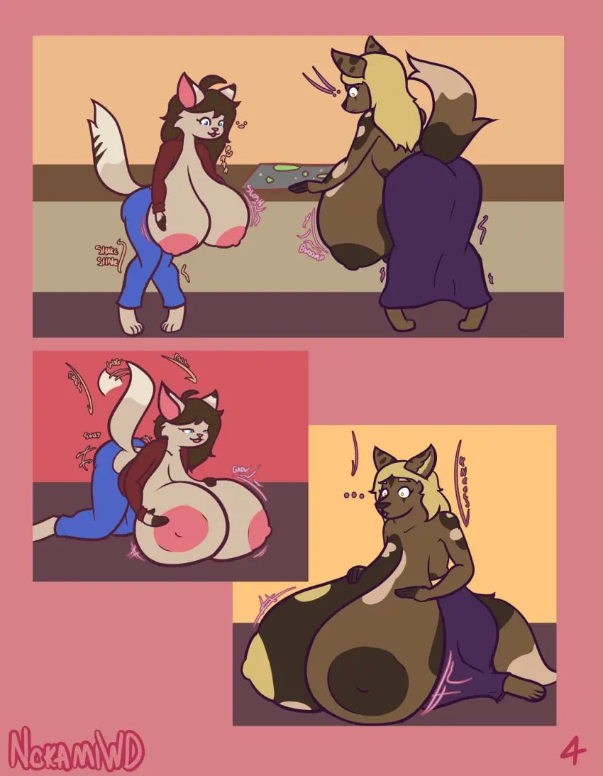 Image big_breasts,breasts,female,hi_res,simple_background,male,ass,big_butt,thick_thighs,duo,wide_hips,huge_breasts,anthro,hyper_breasts,absurd_res,shocked,comic,canid,canine,mammal,feline,expansion,felid,hyper,domestic_cat,felis,breast_expansion,african_wild_dog,immobile,aroused_smile,bam_(khainethewolf),jazz_(khainethewolf),nokamiwd