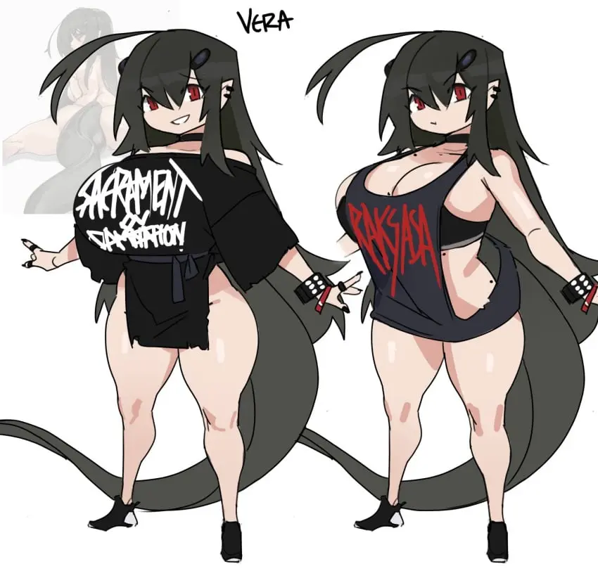 Image 1girls,breasts,clothed,female,hi_res,large_breasts,light-skinned_female,light_skin,long_hair,red_eyes,white_background,tail,huge_breasts,original,original_character,pointy_ears,shortstack,clothes_writing,character_sheet,lizard_girl,zanamaoria,vera_(zanamaoria)