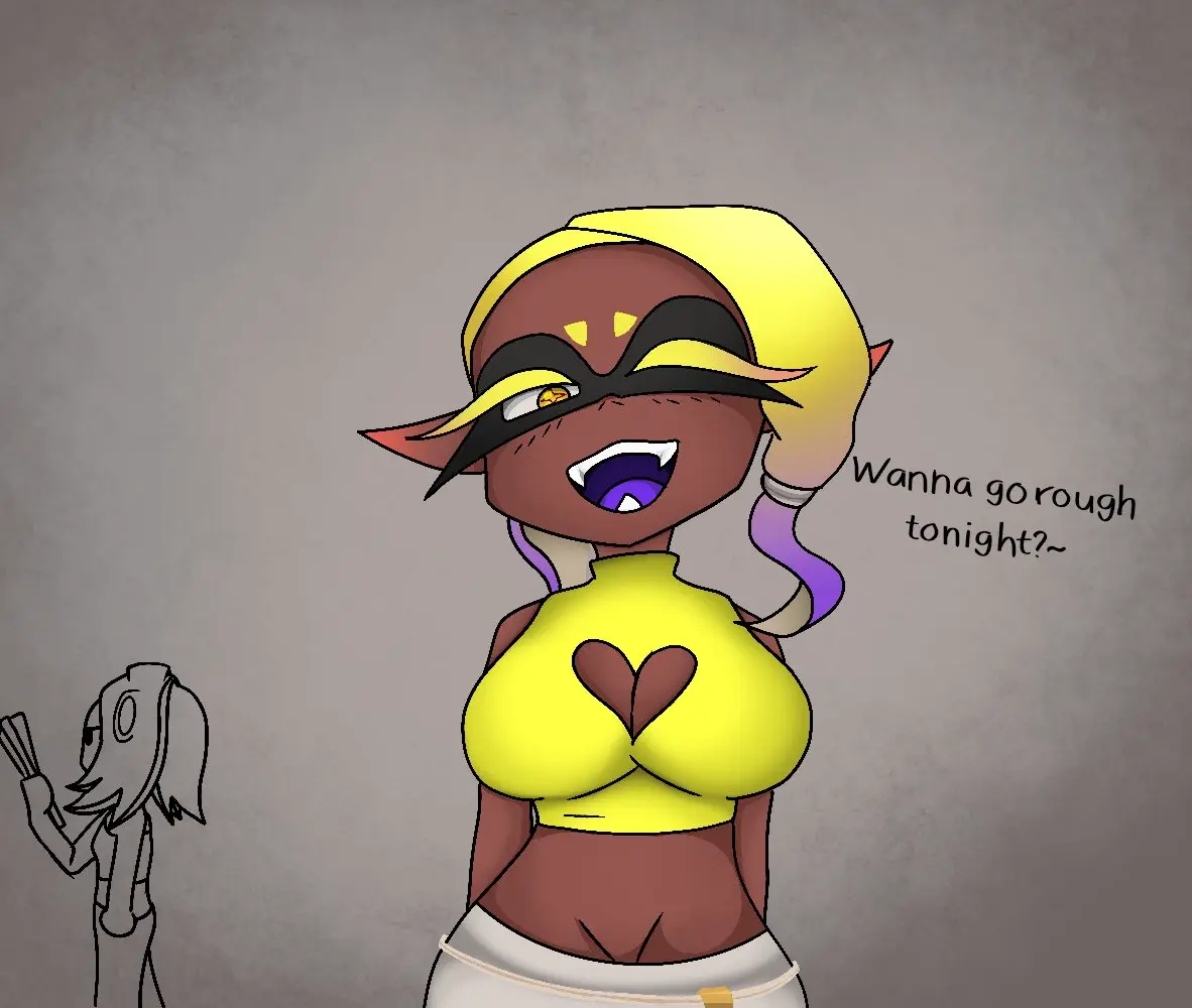 Image 2023,big_breasts,breasts,clothed,female,large_breasts,yellow_eyes,dark_skin,clothed_female,2d,text,tagme,pointy_ears,dark-skinned_female,nintendo,tentacle,fangs,2d_(artwork),english_text,marine,octoling_girl,splatoon,splatoon_(series),splatoon_3,tentacle_hair,yellow_hair,2d_artwork,long_ears,white_pants,octoling,inkling,inkling_girl,marine_humanoid,mollusk,mollusk_humanoid,long_eyelashes,frye_(splatoon),domino_mask,deep_cut_(splatoon),shiver_(splatoon),frye_onaga,shiver_hohojiro,purple_mouth,glitchy_eel,yellow_clothes