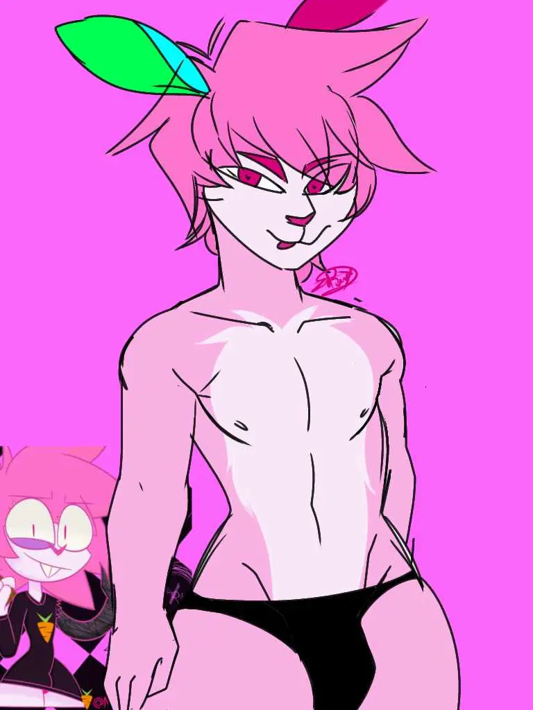 Image nipples,penis,furry,pink_nipples,balls,pink_hair,anthro,2d,black_panties,2d_(artwork),pink_body,pink_skin,pink_fur,pink_nose,pink_penis,balls_in_panties,mrkattuz_(artist),pink_(mrkattuz)