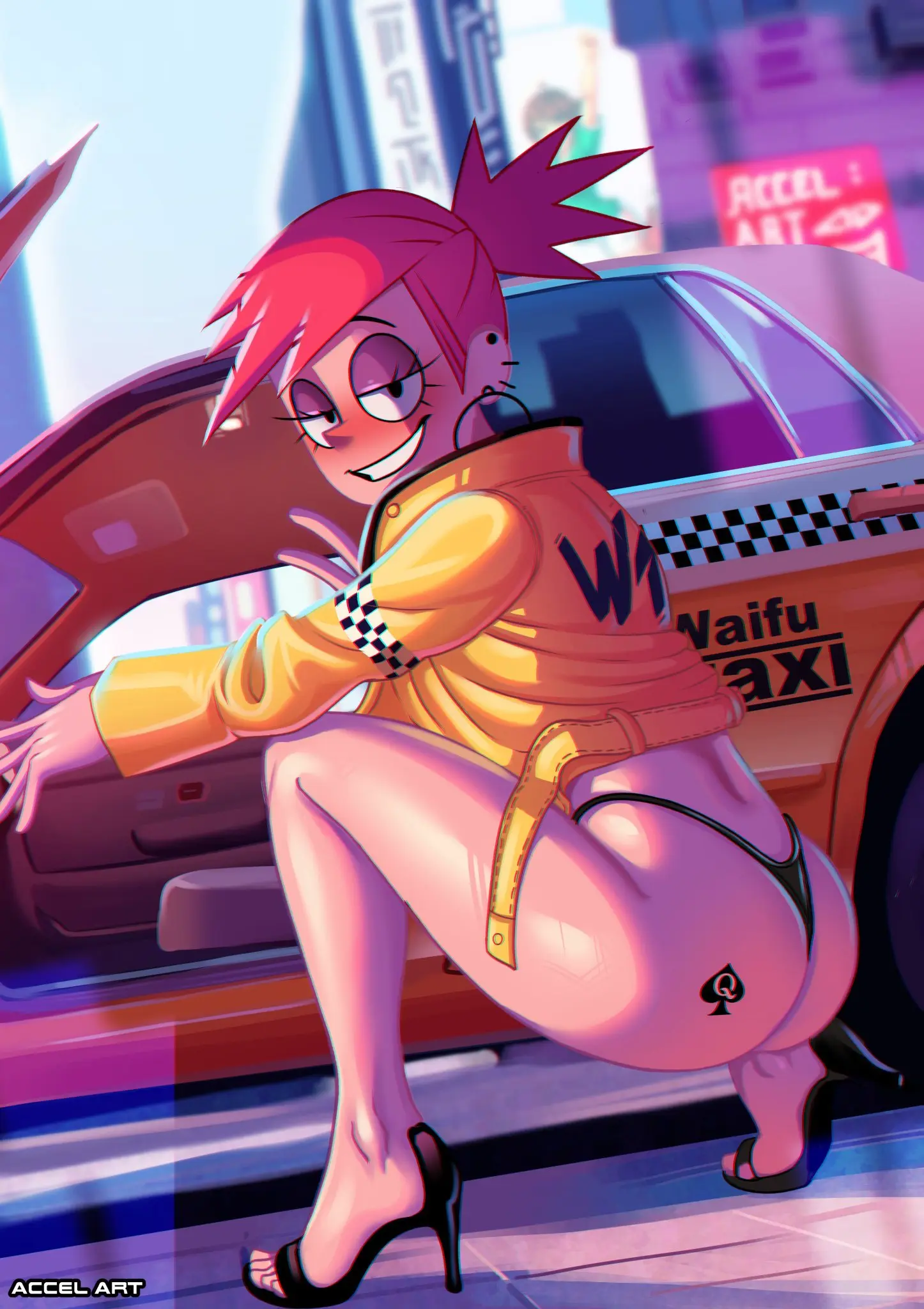 Image blush,female,light-skinned_female,smile,red_hair,ass,earrings,feet,smiling_at_viewer,tattoo,piercing,half-closed_eyes,high_heels,open_toe_shoes,jacket,makeup,thong,crouching,qos,queen_of_spades,toes,v,city,car,ear_ring,city_background,queen_of_spades_symbol,car_interior,building,foster's_home_for_imaginary_friends,frankie_foster,pierced_ears,accelart,queen_of_spades_tattoo,taxi,spade