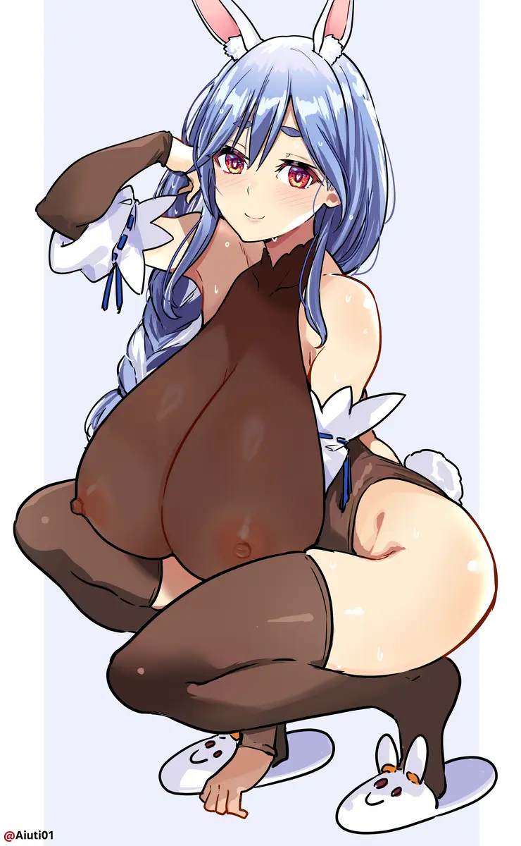 Image blush,breasts,female,shiny_skin,smile,thighhighs,huge_ass,thick_thighs,wide_hips,virtual_youtuber,artist_name,ass_visible_through_thighs,gigantic_breasts,hololive,pekomama,squatting,nipples_visible_through_clothing,sagging_breasts,leotard,huge_thighs,long_breasts,slippers,one_arm_up,aiuti