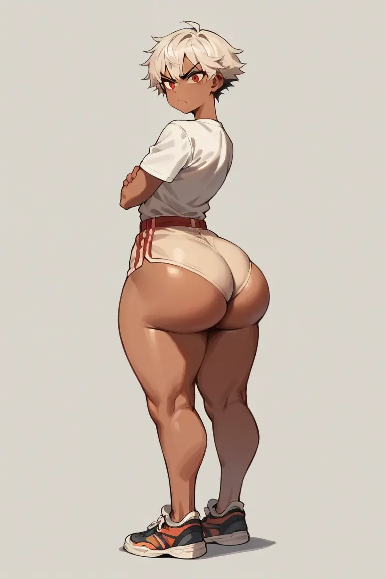 Image female,red_eyes,big_ass,big_butt,huge_ass,looking_back,ai_generated,original_character,curvy_figure,dark-skinned_female,angry_face,tomboy,dark,curvy_ass