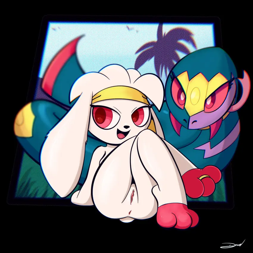Image 2023,female,hi_res,looking_at_viewer,open_mouth,red_eyes,simple_background,smile,nude,pokemon,pokemon_(species),pussy,short_hair,tongue_out,tongue,colored,duo,feet,open_smile,shaded,teeth,hair,nude_female,purple_skin,anus,pink_eyes,green_skin,nintendo,fur,genitals,yellow_body,black_nose,white_body,green_body,purple_body,tree,ring,toes,plant,white_fur,yellow_skin,red_body,generation_8_pokemon,grass,red_fur,3_toes,generation_3_pokemon,raboot,textless,english_description,palm_tree,seviper,soles_the_raboot,toon_draw,toon_pinups,red_teeth