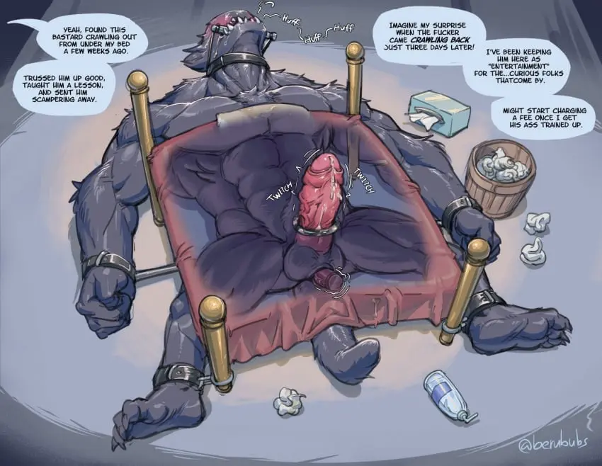 Image solo,male,penis,lying,on_back,erection,humanoid,muscular,feet,male_only,teeth,balls,drooling,veiny_penis,monster,xray_view,saliva,bed,genital_fluids,collar,bodily_fluids,genitals,precum,sex_toy,biceps,pecs,fangs,submissive_male,bondage,precum_drip,2024,male_focus,pillow,abs,dripping,speech_bubble,vein,furniture,arm_tuft,elbow_tuft,throbbing,throbbing_penis,tuft,bound,gag,gagged,restraints,fist,sex_toy_insertion,vibrator,cuff_(restraint),body_hair,masculine_male,muscular_legs,muscular_thighs,chest_hair,shoulder_tuft,reclining,wrist_cuffs,obliques,deltoids,trash_can,triceps,tissue_box,ankle_cuffs,lube_bottle,spreader_bar,vibrating_cock_ring,tissue,anal_toy,beralin,monster_under_your_bed,neck_muscles