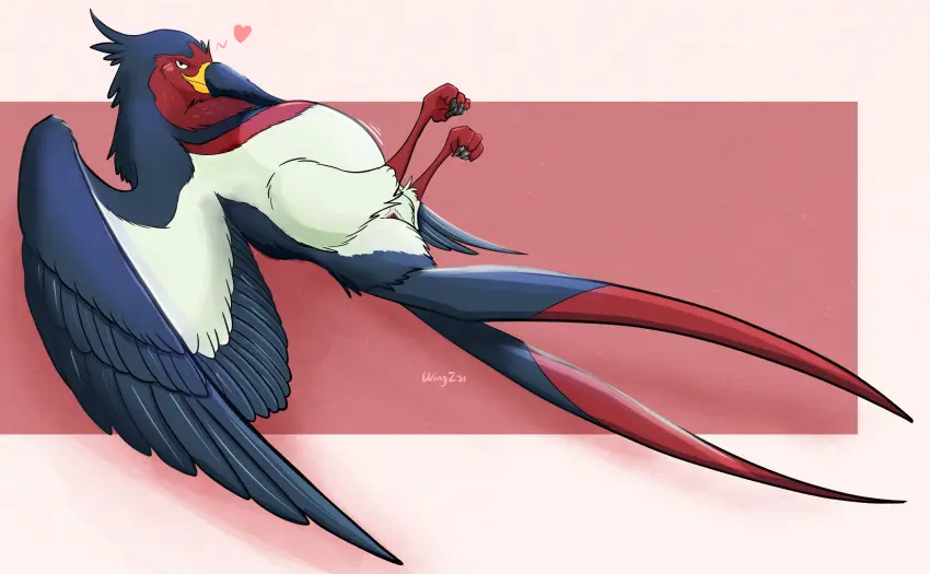 Image blush,female,hi_res,solo,pokemon,pokemon_(species),lying,on_back,pregnant,pregnant_female,nintendo,presenting,genitals,avian,bird,animal_genitalia,feral,generation_3_pokemon,cloaca,nippleless,wingz31,swellow