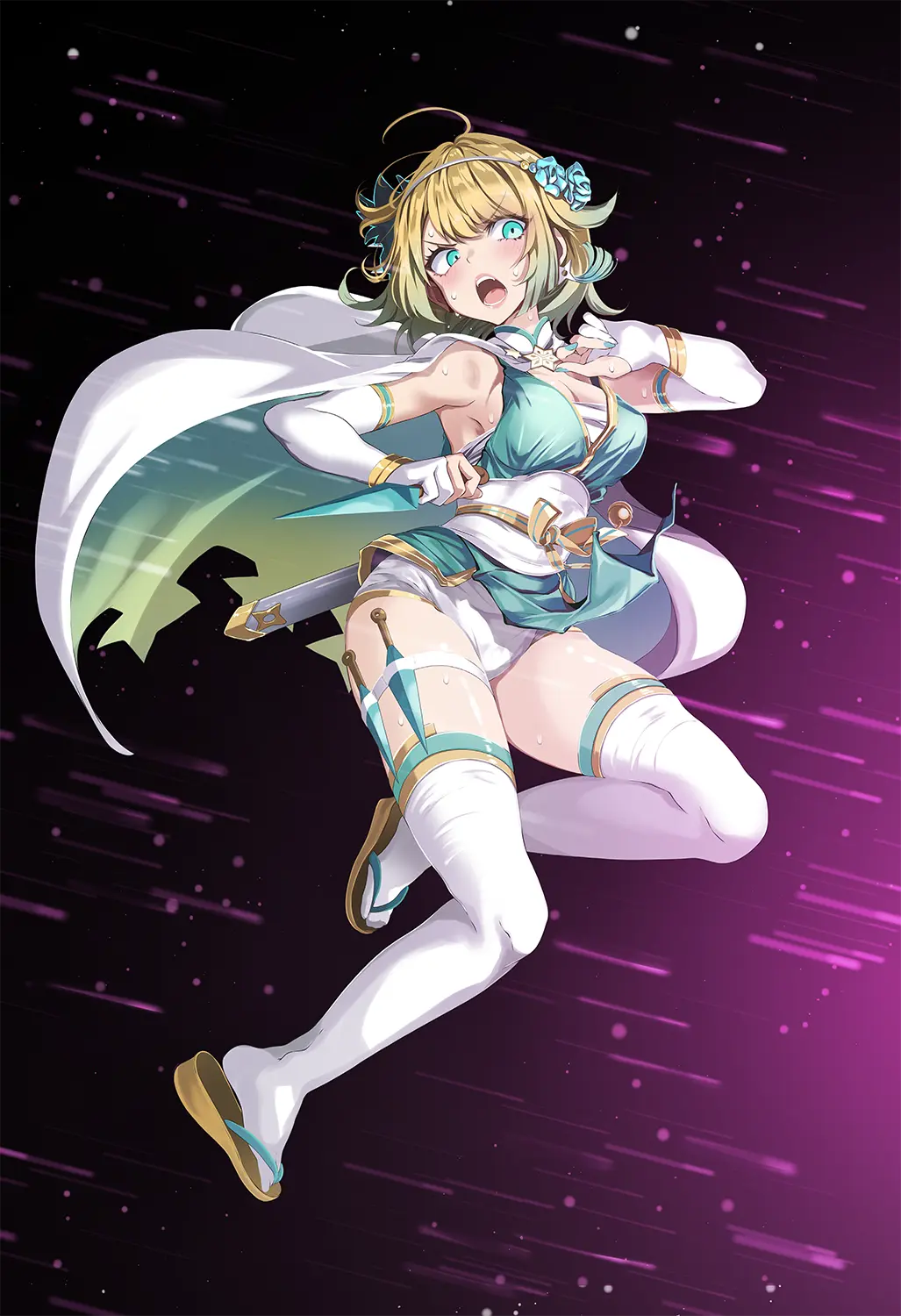 Image 1girls,blush,breasts,female,female_only,hair_ornament,highres,open_mouth,solo,v-shaped_eyebrows,bangs,blue_eyes,elbow_gloves,gloves,short_hair,sweat,thighhighs,panties,underwear,earrings,thighs,gradient_hair,multicolored_hair,armpits,bare_shoulders,bare_thighs,cleavage,jewelry,sideboob,black_background,blonde_hair,medium_breasts,nail_polish,ahoge,nintendo,humiliation,cape,white_panties,white_gloves,official_alternate_costume,alternate_costume,:o,clothes_lift,holding,flower,hair_flower,fire_emblem,defeated,fire_emblem_heroes,angry,fingerless_gloves,torn_clothes,yellow_hair,blue_nails,holding_weapon,ninja,shuriken,weapon,skirt_lift,kunai,nervous,speed_lines,sandals,wardrobe_malfunction,mask,sword,upskirt,pelvic_curtain,looking_to_the_side,serious,knife,sarashi,fjorm_(fire_emblem),white_mask,mask_on_head,pelvic_curtain_lift,chest_sarashi,incoming_attack,tsukishiro_saika