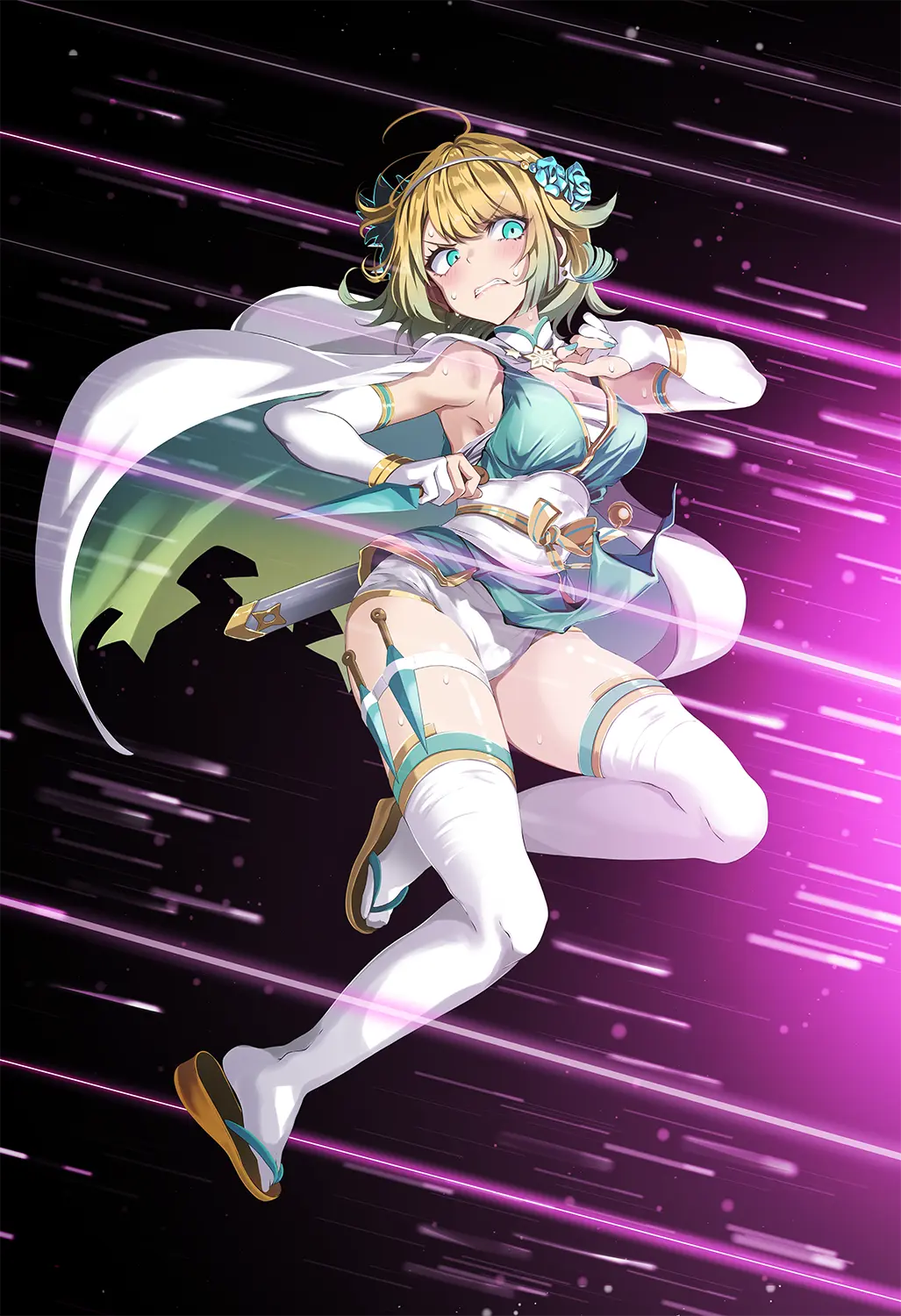 Image 1girls,blush,breasts,female,female_only,hair_ornament,highres,solo,v-shaped_eyebrows,bangs,blue_eyes,elbow_gloves,gloves,short_hair,sweat,thighhighs,panties,underwear,earrings,thighs,gradient_hair,multicolored_hair,armpits,bare_shoulders,bare_thighs,cleavage,jewelry,sideboob,teeth,black_background,blonde_hair,medium_breasts,nail_polish,ahoge,clenched_teeth,nintendo,humiliation,cape,white_panties,white_gloves,official_alternate_costume,alternate_costume,:o,clothes_lift,holding,flower,hair_flower,fire_emblem,defeated,fire_emblem_heroes,angry,fingerless_gloves,torn_clothes,yellow_hair,blue_nails,holding_weapon,ninja,shuriken,weapon,skirt_lift,kunai,nervous,speed_lines,sandals,wardrobe_malfunction,mask,sword,upskirt,pelvic_curtain,looking_to_the_side,serious,knife,sarashi,fjorm_(fire_emblem),white_mask,mask_on_head,pelvic_curtain_lift,chest_sarashi,incoming_attack,tsukishiro_saika