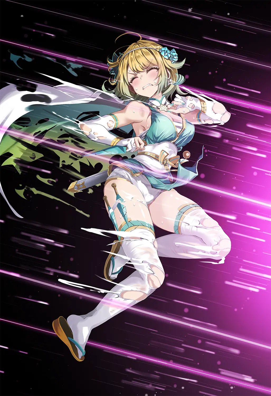 Image 1girls,blush,breasts,female,female_only,hair_ornament,highres,solo,v-shaped_eyebrows,bangs,elbow_gloves,gloves,short_hair,sweat,thighhighs,panties,underwear,earrings,thighs,gradient_hair,multicolored_hair,armpits,bare_shoulders,bare_thighs,cleavage,jewelry,sideboob,teeth,black_background,blonde_hair,medium_breasts,nail_polish,closed_eyes,ahoge,clenched_teeth,nintendo,humiliation,cape,white_panties,white_gloves,official_alternate_costume,alternate_costume,clothes_lift,holding,flower,hair_flower,fire_emblem,defeated,fire_emblem_heroes,angry,fingerless_gloves,torn_clothes,yellow_hair,blue_nails,holding_weapon,ninja,shuriken,torn_cape,weapon,skirt_lift,kunai,speed_lines,sandals,wardrobe_malfunction,worried,mask,sword,upskirt,pelvic_curtain,looking_to_the_side,torn_thighhighs,serious,knife,sarashi,fjorm_(fire_emblem),battle_damage,white_mask,mask_on_head,pelvic_curtain_lift,attack,slashing,torn_gloves,chest_sarashi,incoming_attack,tsukishiro_saika