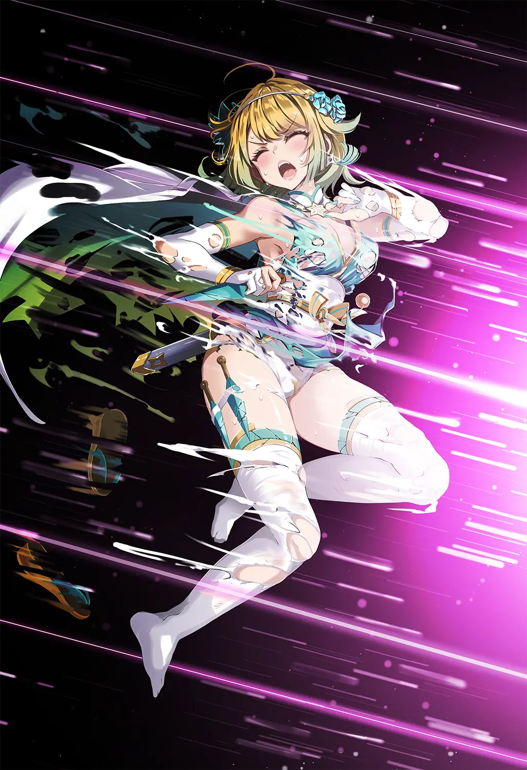Image 1girls,blush,breasts,female,female_only,hair_ornament,highres,open_mouth,solo,v-shaped_eyebrows,bangs,elbow_gloves,gloves,short_hair,sweat,thighhighs,panties,underwear,earrings,thighs,gradient_hair,multicolored_hair,armpits,bare_shoulders,bare_thighs,cleavage,jewelry,sideboob,teeth,black_background,blonde_hair,medium_breasts,nail_polish,scared,closed_eyes,ahoge,nintendo,humiliation,cape,white_panties,white_gloves,official_alternate_costume,alternate_costume,clothes_lift,holding,flower,hair_flower,fire_emblem,defeated,fire_emblem_heroes,angry,fingerless_gloves,torn_clothes,yellow_hair,blue_nails,holding_weapon,ninja,shuriken,torn_cape,weapon,skirt_lift,kunai,nervous,speed_lines,sandals,wardrobe_malfunction,mask,sword,broken_weapon,upskirt,pelvic_curtain,looking_to_the_side,torn_thighhighs,serious,torn_shorts,accidental_exposure,knife,sarashi,broken,fjorm_(fire_emblem),battle_damage,white_mask,mask_on_head,pelvic_curtain_lift,attack,slashing,torn_gloves,chest_sarashi,incoming_attack,tsukishiro_saika,unworn_sandals