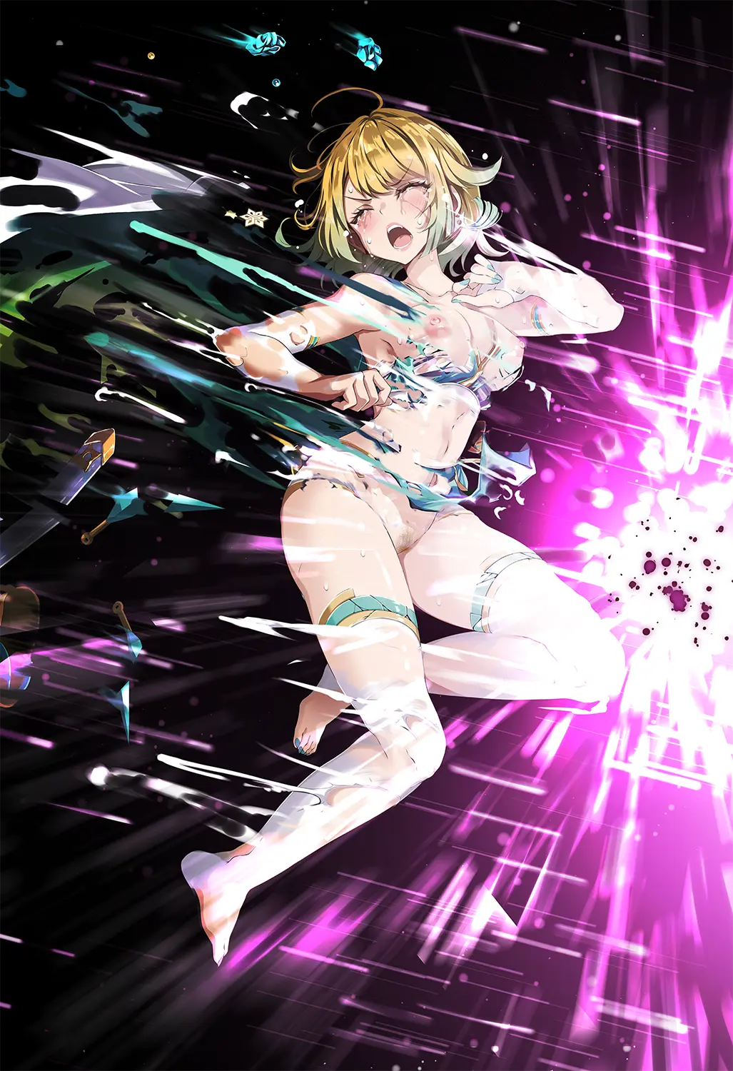 Image 1girls,blush,breasts,female,female_only,hair_ornament,highres,nipples,open_mouth,solo,v-shaped_eyebrows,bangs,elbow_gloves,gloves,navel,nude,short_hair,sweat,thighhighs,panties,underwear,earrings,thighs,barefoot,gradient_hair,multicolored_hair,armpits,bare_shoulders,bare_thighs,cleavage,collarbone,jewelry,teeth,black_background,nude_female,blonde_hair,medium_breasts,crying,nail_polish,scared,closed_eyes,ahoge,nintendo,pubic_hair,humiliation,cape,white_panties,white_gloves,official_alternate_costume,alternate_costume,clothes_lift,holding,flower,hair_flower,fire_emblem,defeated,fire_emblem_heroes,female_pubic_hair,angry,fingerless_gloves,torn_clothes,yellow_hair,blue_nails,holding_weapon,ninja,shuriken,torn_cape,weapon,skirt_lift,kunai,nervous,speed_lines,sandals,wardrobe_malfunction,mask,sword,broken_weapon,upskirt,bare_arms,zouri,pelvic_curtain,looking_to_the_side,torn_thighhighs,serious,torn_shorts,accidental_exposure,knife,sarashi,explosion,broken,fjorm_(fire_emblem),battle_damage,white_mask,mask_on_head,pelvic_curtain_lift,attack,slashing,torn_gloves,chest_sarashi,incoming_attack,tsukishiro_saika,unworn_sandals,exploding_clothes