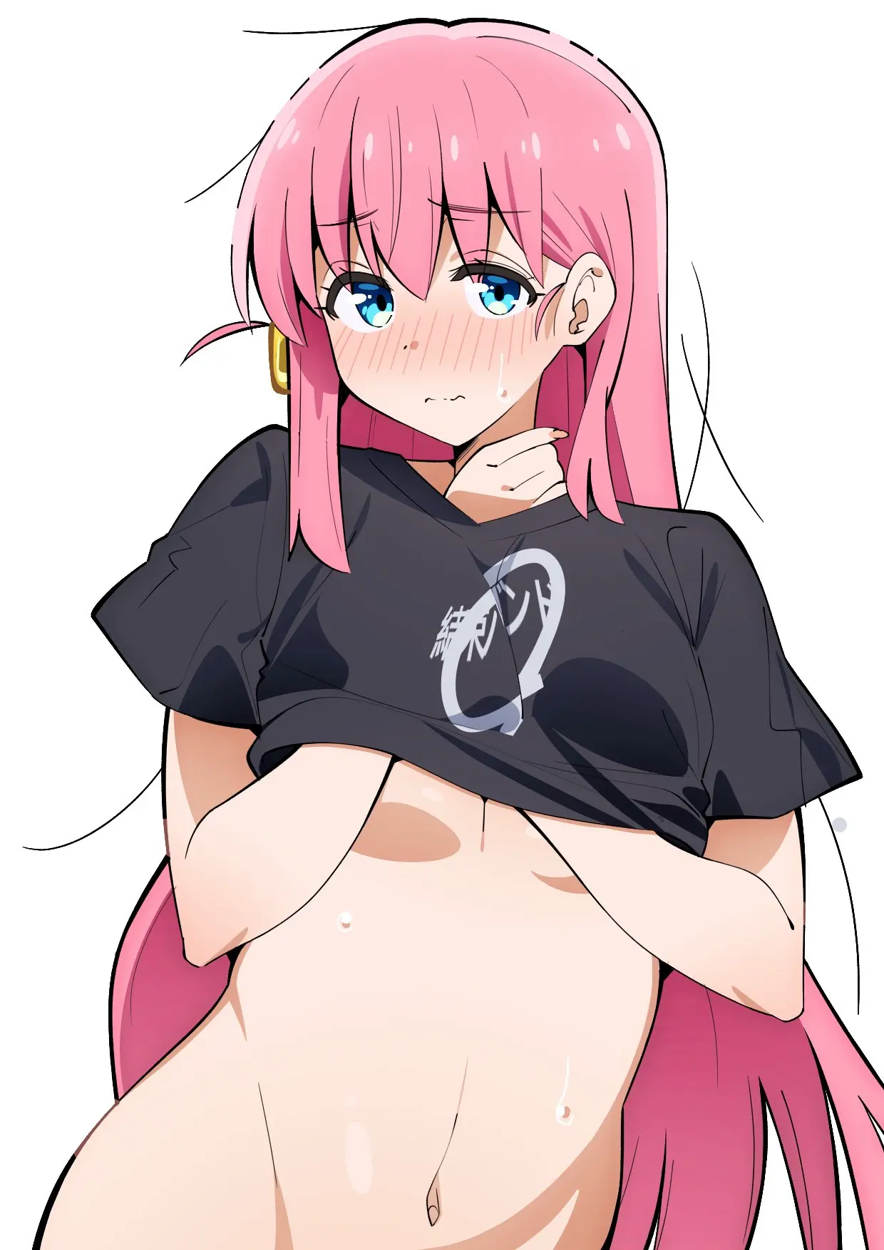 Image blush,breasts,female,hair_ornament,highres,long_hair,looking_at_viewer,shirt,simple_background,solo,white_background,blue_eyes,navel,underboob,pink_hair,medium_breasts,sweatdrop,short_sleeves,wavy_mouth,bottomless,hands_up,black_shirt,bocchi_the_rock!,cube_hair_ornament,gotou_hitori,one_side_up,sakura_1110ssmm
