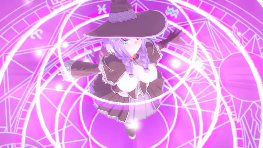 Image big_breasts,breasts,breasts_out,exposed_breasts,female,large_breasts,looking_at_viewer,nipples,virtual_youtuber,vtuber,purple_hair,3d,nijisanji,heterochromia,nijisanji_en,cosplay,braided_hair,dragon_girl,magical_girl,wizard_hat,magic_circle,koidragoon,selen_tatsuki,dragon_claws