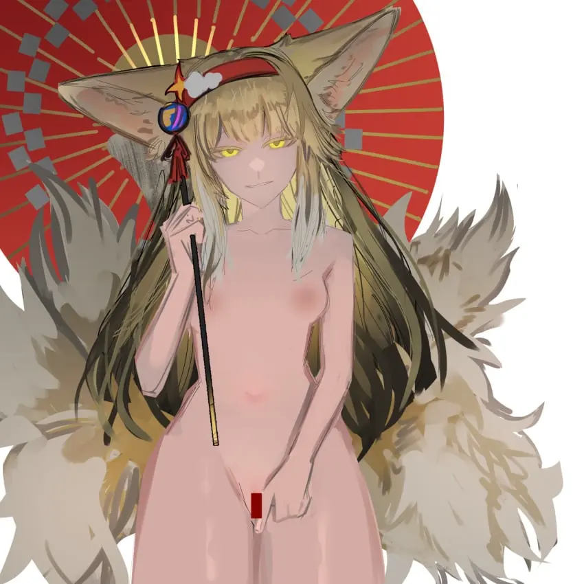 Image breasts,female,nipples,animal_ears,tail,small_breasts,arknights,blonde_hair,green_eyes,kemonomimi,suzuran_(arknights),censored,censor_bar,umbrella
