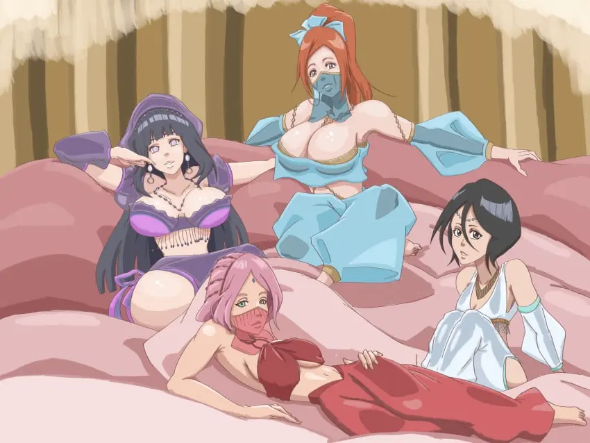 Image big_breasts,breasts,brown_eyes,female,female_only,human,large_breasts,long_hair,black_hair,multiple_girls,short_hair,ponytail,cleavage,orange_hair,huge_breasts,pink_hair,green_eyes,medium_breasts,black_eyes,bleach,naruto,sakura_haruno,4:3,hyuuga_hinata,belly_dancer,belly_dancer_outfit,kuchiki_rukia,crossover,4girls,harem,naruto:_the_last,veil,harem_girl,harem_outfit,inoue_orihime,harem_pants,wanderagro893,lavender_eyes