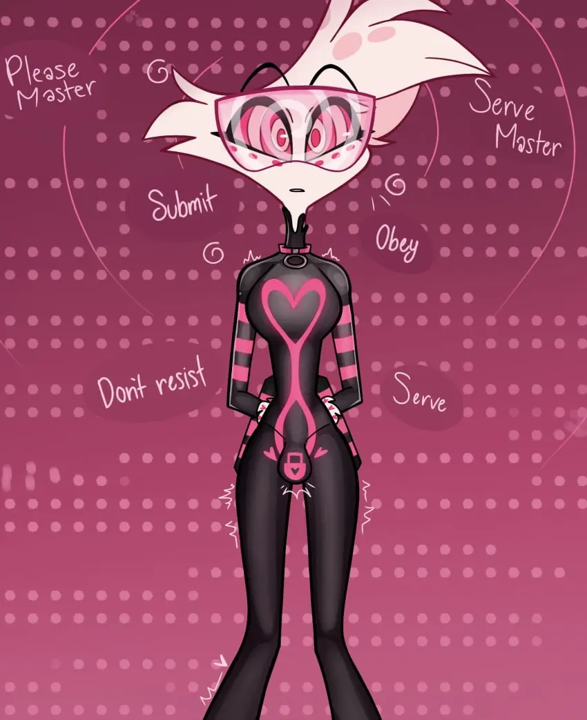 Image 1boy,male,choker,male_only,text,pink_eyes,gay,trembling,collar,latex,lock_bulge,hazbin_hotel,white_fur,hypnosis,twink,slender_waist,pink_background,brainwashing,mind_control,visor,drone,angel_dust_(hazbin_hotel),spiral_eyes,handcuffs,brainwashed,latex_bodysuit,latex_suit,tremble_spikes,fake_breasts,tall,tech_control,droneification,blank_stare,hypnotic_visor,drone_transformation,latex_goo