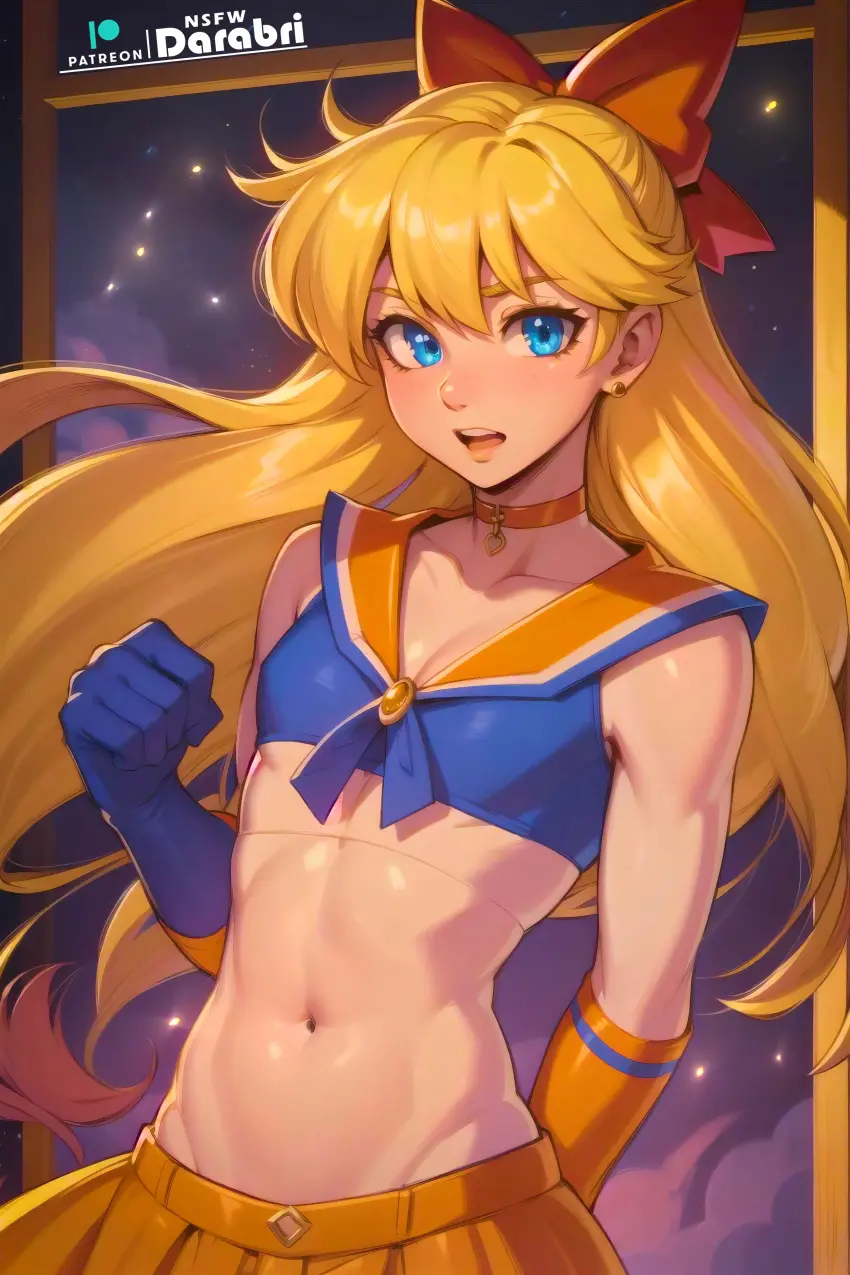 Image blush,bow,clothing,long_hair,1boy,bangs,blue_eyes,gloves,male,navel,patreon,ai_generated,femboy,trap,arms,collarbone,midriff,cute,collar,skirt,detailed,flushed,feminine_male,girly,space,stars,abs,yellow_hair,logo,toned,crop_top,otoko_no_ko,clouds,patreon_logo,abstract_background,outline,bishoujo_senshi_sailor_moon,minako_aino,sailor_venus,darabri,glow