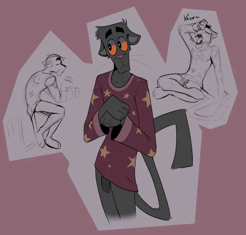Image clothed,clothing,hi_res,open_mouth,shirt,simple_background,solo,standing,male,penis,tail,black_tail,lying,humanoid_penis,orange_eyes,eyebrows,side_view,anthro,on_side,flaccid,fur,genitals,mammal,paws,black_body,black_eyes,thick_eyebrows,bottomless,foreskin,uncircumcised,2024,front_view,humanoid_genitalia,glans,topwear,purple_clothing,felid,sleeping,purple_background,black_penis,black_fur,pantherine,pink_nose,bottomless_male,pink_glans,crossed_legs,long_tail,purple_topwear,pajamas,bottomless_anthro,orange_sclera,waking_up,yawn,purple_shirt,black_foreskin,pajama_shirt,dracks,flip_(dracks),split_color_eyes