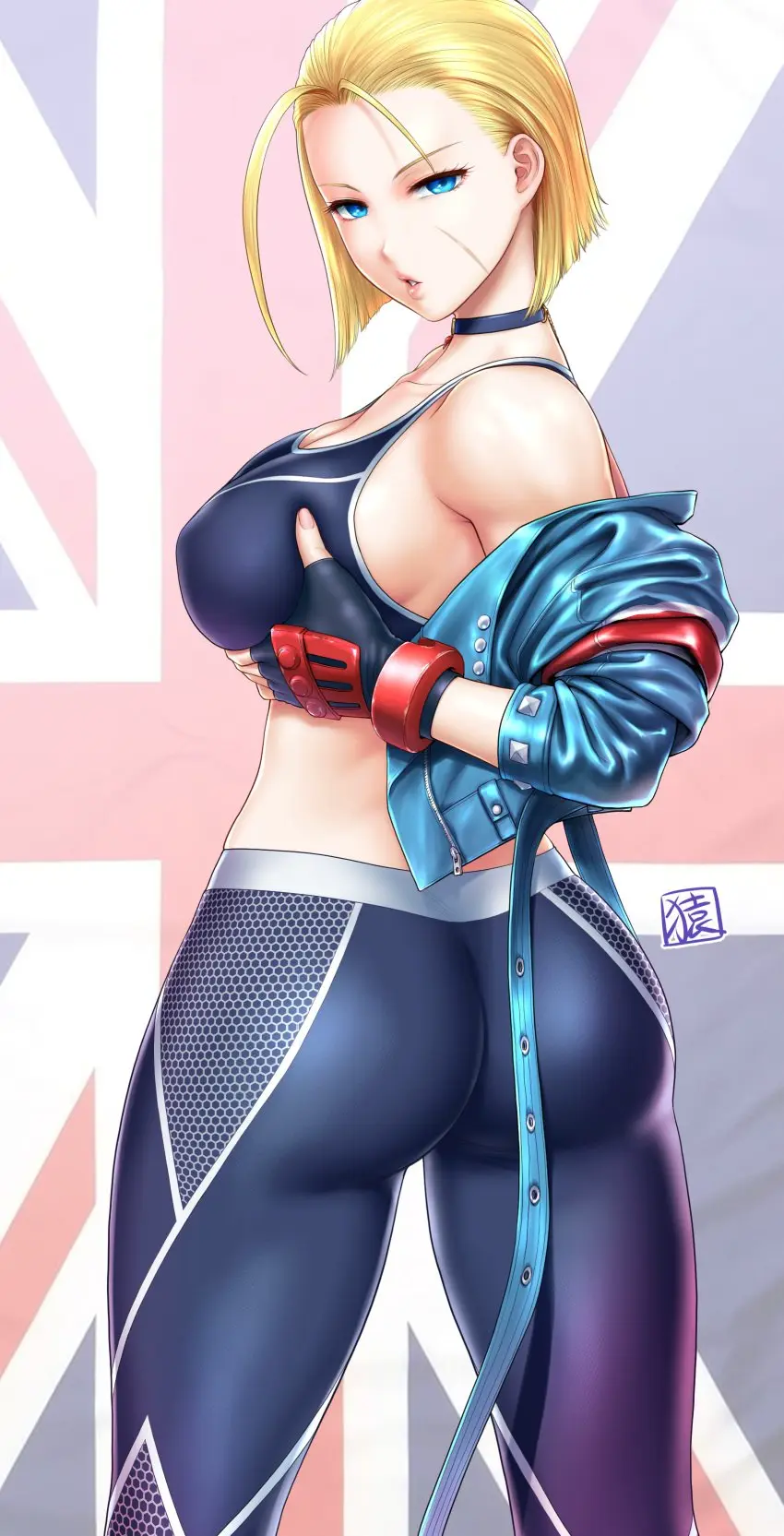 Image 1girls,breasts,female,highres,large_breasts,looking_at_viewer,pants,solo,blue_eyes,short_hair,ass,looking_back,thick_thighs,thighs,midriff,sideboob,from_behind,blonde_hair,legs,parted_lips,jacket,scar,tank_top,grabbing_own_breast,capcom,street_fighter,pink_lips,cammy_white,covered_erect_nipples,seductive_gaze,union_jack,st.germain-sal