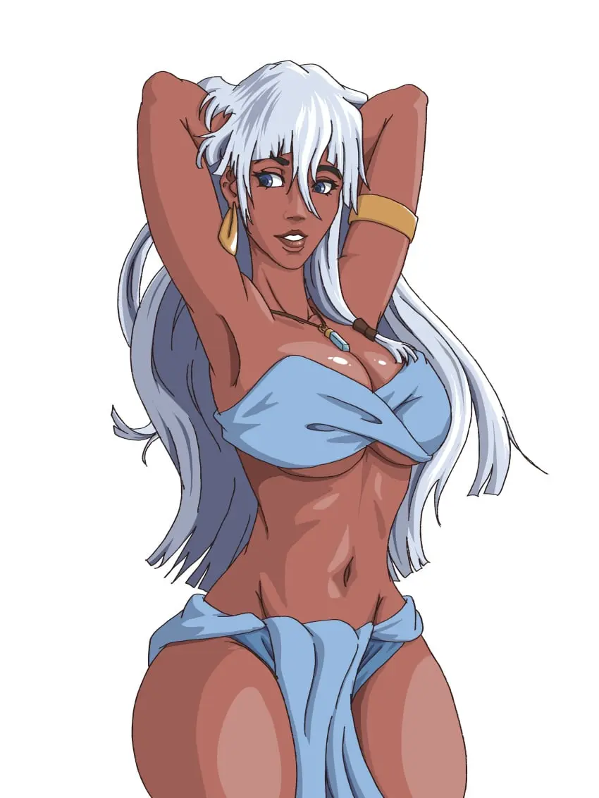 Image 1girls,big_breasts,breasts,female,large_breasts,long_hair,smile,white_hair,blue_eyes,navel,disney,dark_skin,armpits,arms_behind_head,cleavage,pose,posing,dark-skinned_female,fit,fit_female,royalty,pelvic_curtain,loincloth,sexy_armpits,bandeau,atlantis:_the_lost_empire,kida,wanderagro893,bandeau_bikini,sexy,sexy_pose