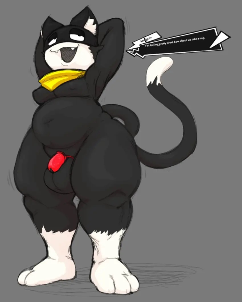 Image open_mouth,standing,male,thick_thighs,male_only,balls,big_balls,dialogue,chastity_cage,partially_clothed,chubby,persona,persona_5,black_fur,morgana_(persona),bandana,tuxedo_cat,caged_cock,locitony