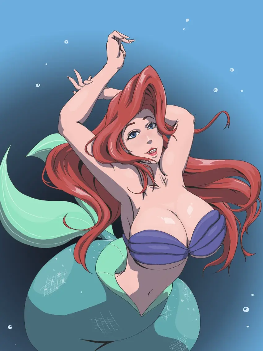 Image 1girls,breasts,female,long_hair,looking_at_viewer,blue_eyes,red_hair,disney,armpits,cleavage,huge_breasts,disney_princess,mermaid,underwater,ariel,ariel_(the_little_mermaid),the_little_mermaid,merfolk,wanderagro893,seashell_bra