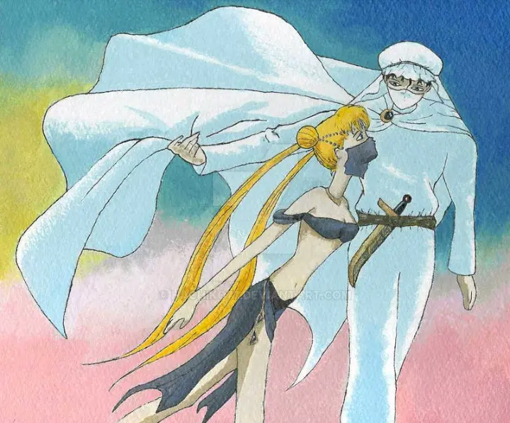 Image 1girls,breasts,clothing,female,hair_ornament,long_hair,1boy,black_hair,blue_eyes,male,navel,short_hair,bra,small_breasts,ponytail,bare_midriff,bare_shoulders,bare_thighs,belly_button,cleavage,gold_(metal),midriff,blonde_hair,necklace,twintails,cape,belt,long_ponytail,tiara,sword,bare_legs,bare_arms,gold_necklace,gold_jewelry,black_bra,loincloth,veil,bishoujo_senshi_sailor_moon,usagi_tsukino,middle_eastern_clothing,brooch,middle_eastern,white_outfit,black_loincloth,silk,turban,white_cape,black_brooch,black_veil,cape_grab,face_veil,gold_neckwear,hachiko77,moonlight_knight,silk_bra,silk_clothing,silk_loincloth,silk_skirt