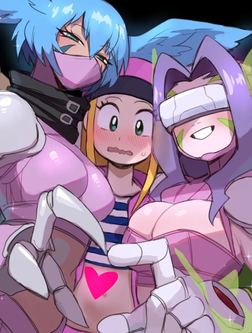 Image blush,female,female_only,hi_res,human,looking_at_viewer,blue_eyes,smiling,smiling_at_viewer,blonde_hair,purple_hair,wavy_mouth,heart,narrowed_eyes,3girls,digimon,digimon_(species),heart_hands,heart_hands_duo,lightsource,digimon_frontier,fairimon,fairymon,izumi_orimoto,kazemon,shutumon,zephyrmon,zoe_orimoto