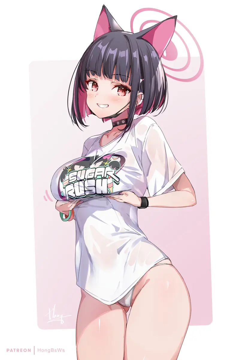 Image blush,breasts,female,large_breasts,smile,blue_archive,thick_thighs,wide_hips,patreon_username,grin,cameltoe,presenting_breasts,thong,signature,large_thighs,trinity_general_school_student,patreon_logo,arms_under_breasts,after-school_sweets_club_(blue_archive),kazusa_(blue_archive),kazusa_(band)_(blue_archive),hands_under_breasts,hong_(white_spider)