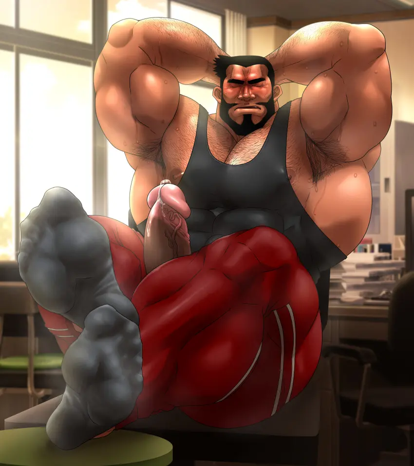 Image clothing,solo,male,penis,sweat,big_penis,erection,muscular,feet,armpits,hands_behind_head,male_only,yaoi,balls,foot_fetish,bara,sweating,solo_male,boner,beard,muscles,facial_hair,armpit_hair,musk,armpit,hitenmaru