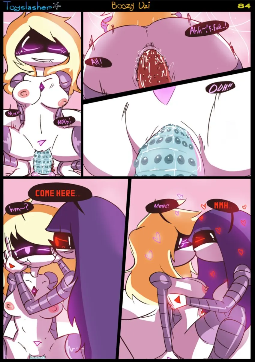 Image blush,breasts,female,female_only,2girls,multiple_girls,ass,2d,blonde_hair,completely_nude,riding,purple_hair,completely_nude_female,comic,comic_page,tentacle,dialogue,sex_toy,yuri,dildo,english_text,2024,kissing,dildo_in_pussy,english,robot,robot_girl,onomatopoeia,page_number,tentacle_dildo,mob_face,dildo_insertion,dildo_sitting,murder_drones,riding_dildo,dragon_dildo,boozy_uzi,toyslasher,doll_(murder_drones),lizzy_(murder_drones),page_84