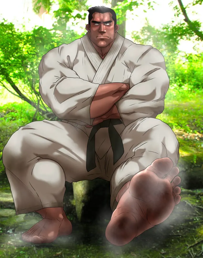Image solo,male,sweat,muscular,feet,male_only,yaoi,foot_fetish,bara,sweating,solo_male,crossed_arms,muscles,musk,karate_gi,gi,hitenmaru