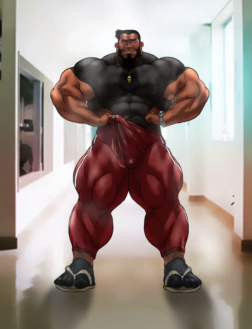 Image clothing,solo,male,penis,sweat,erection,muscular,male_only,yaoi,balls,bara,erection_under_clothes,sweating,solo_male,boner,beard,muscles,facial_hair,musk,hitenmaru