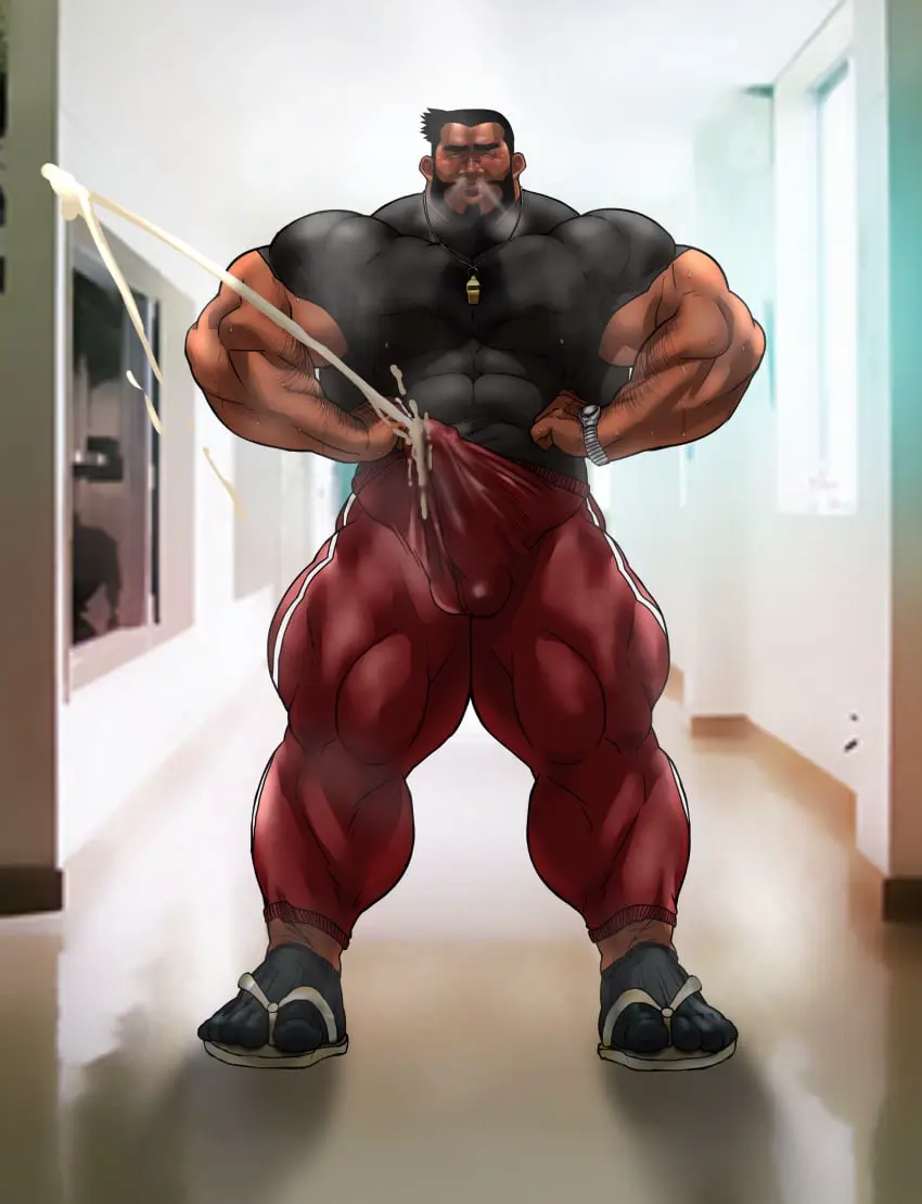 Image clothing,solo,cum,male,penis,sweat,erection,muscular,male_only,yaoi,balls,bara,erection_under_clothes,orgasm,sweating,solo_male,boner,beard,muscles,cum_through_clothes,facial_hair,musk,hitenmaru
