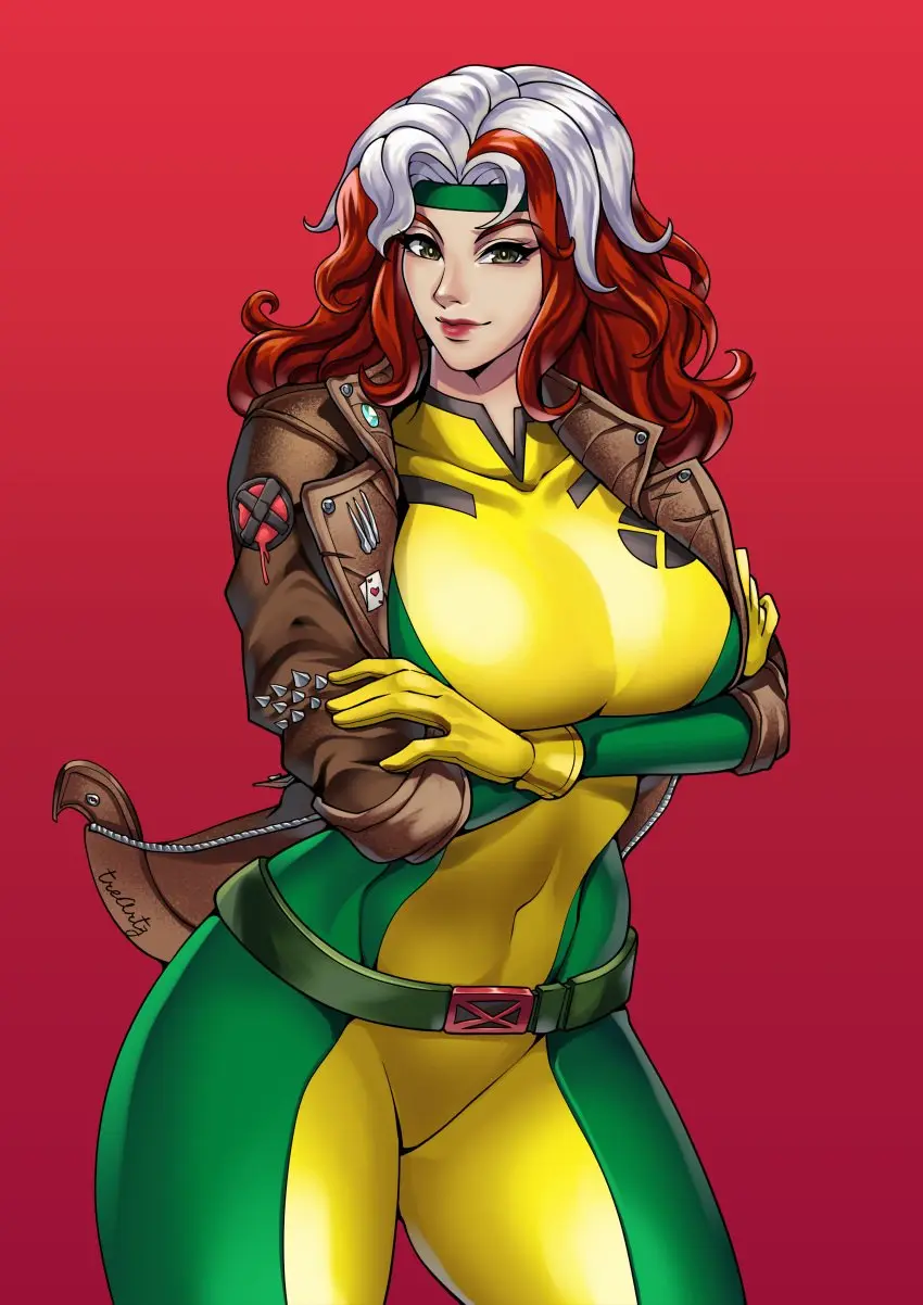 Image 1girls,female,light-skinned_female,light_skin,white_hair,gloves,thick_thighs,headband,busty,curvy,brown_hair,artist_signature,jacket,belt,marvel,marvel_comics,x-men,superheroine,anna_marie,rogue_(x-men),mutant,thotlerrr,treartz,patch_(fabric),pins