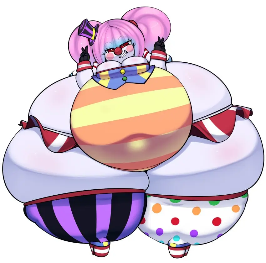 Image 1girls,breasts,female,female_only,large_breasts,red_eyes,ass,female_focus,hat,thick_thighs,thighs,wide_hips,hips,belly,cleavage,shading,pink_hair,stockings,alternate_version_available,twintails,miniskirt,skirt,heels,stomach,shortstack,large_ass,thunder_thighs,hyper_ass,overweight,overweight_female,top_hat,hyper,peace_sign,large_belly,clown,clown_girl,clown_makeup,blue_highlights,victory_pose,implied_ass_cleavage,imcoffeecakes,prattagail