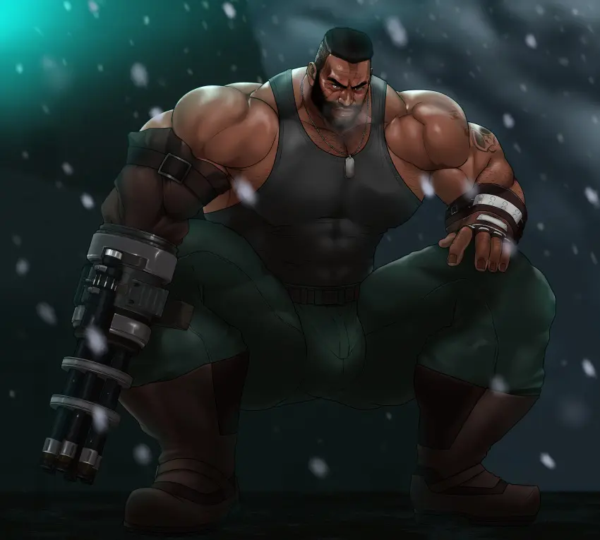 Image clothing,solo,male,penis,muscular,male_only,yaoi,balls,spread_legs,bara,bulge,flaccid,final_fantasy,final_fantasy_vii,squatting,solo_male,beard,muscles,facial_hair,barret_wallace,dark_male_only,hitenmaru